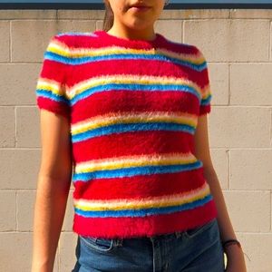 No Bundaries Fuzzy Striped Red Multicolor Top